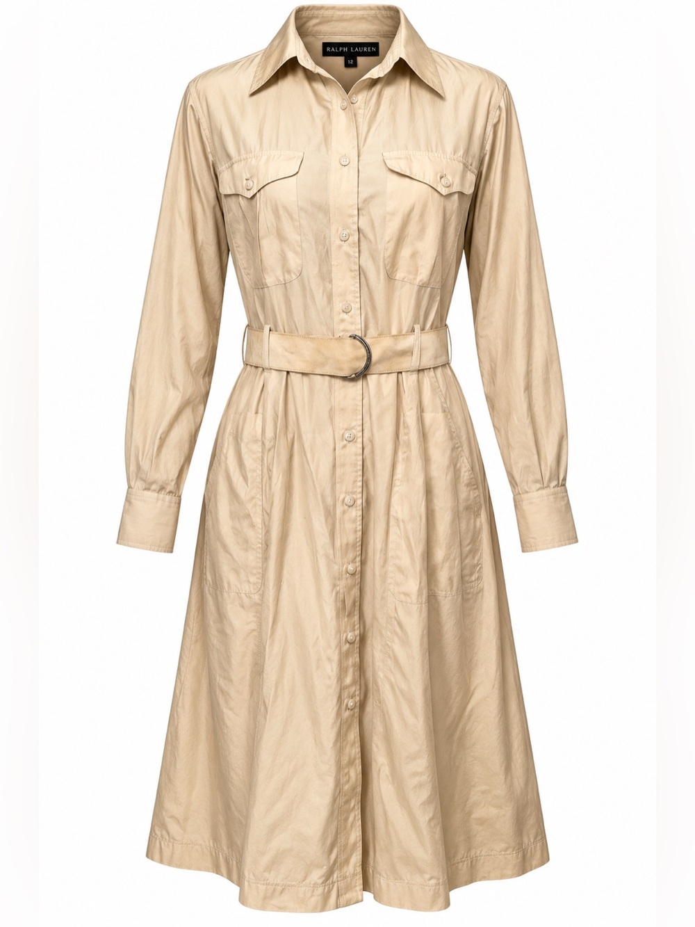 Ralph Lauren Silk Cotton Safari Shirt Dress 12 Belted Utility Neutral Quiet Lux
